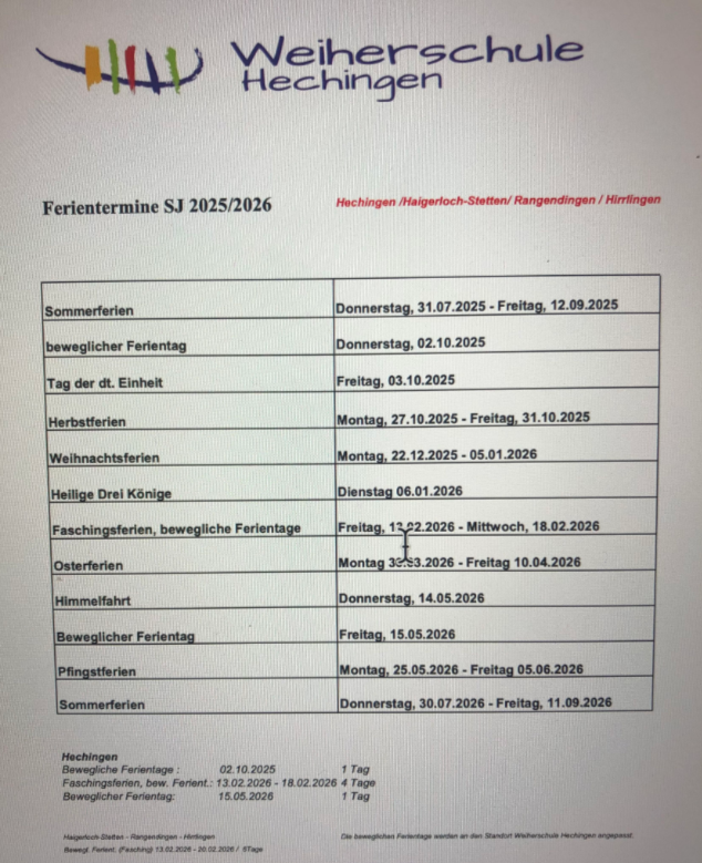 Ferientermine Schuljahr 2025/2026